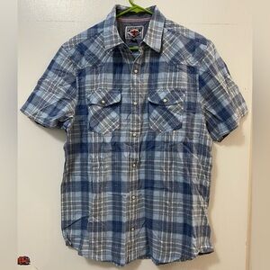 Flag & Anthem Desert Son Men Plaid Button Up Short Sleeve Shirt Blue Gray Medium